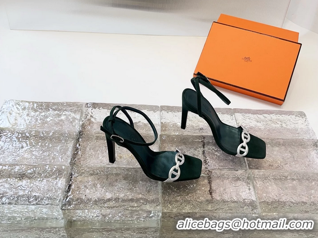 Classic Cheapest Hermes Luz High Heeled Sandals with Ankle Strap Green Suede Leather 6052703
