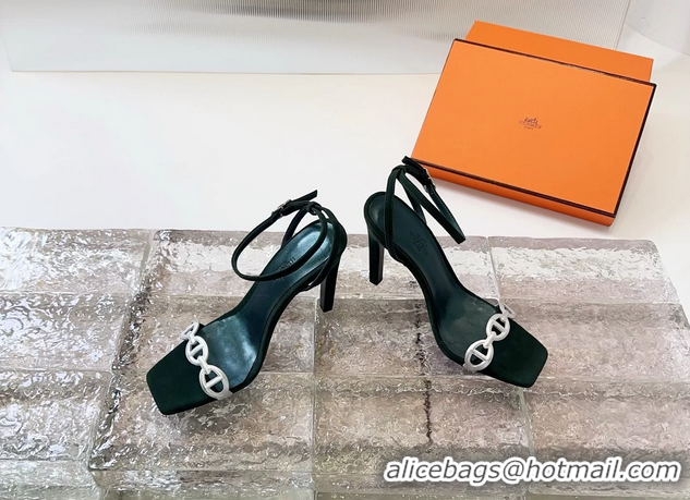 Classic Cheapest Hermes Luz High Heeled Sandals with Ankle Strap Green Suede Leather 6052703