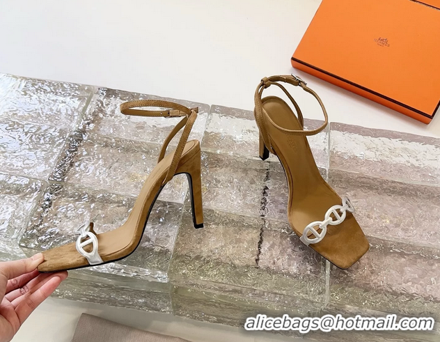 Fashion Hermes Luz High Heeled Sandals with Ankle Strap Brown Suede Leather 6052703