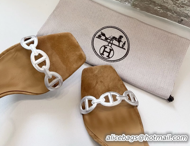 Fashion Hermes Luz High Heeled Sandals with Ankle Strap Brown Suede Leather 6052703