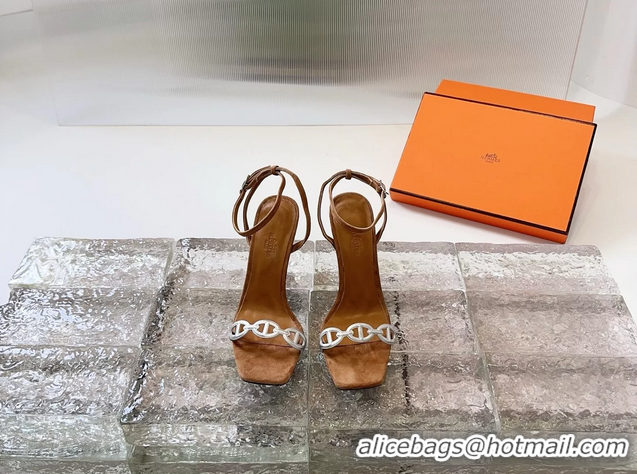 Original Cheap Hermes Luz High Heeled Sandals with Ankle Strap Tan Suede Leather 6052703