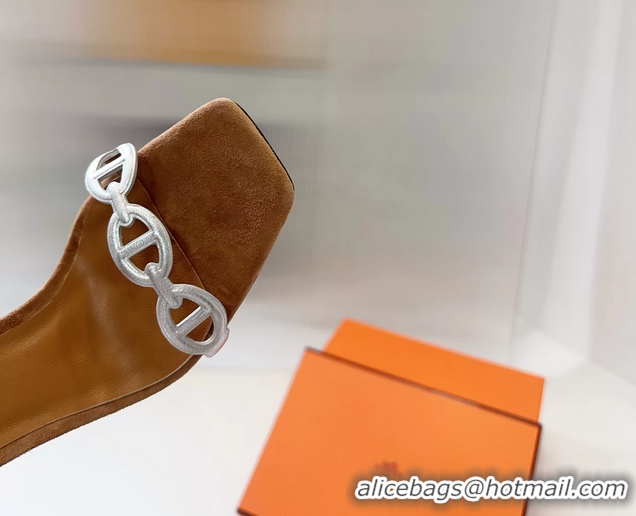 Original Cheap Hermes Luz High Heeled Sandals with Ankle Strap Tan Suede Leather 6052703