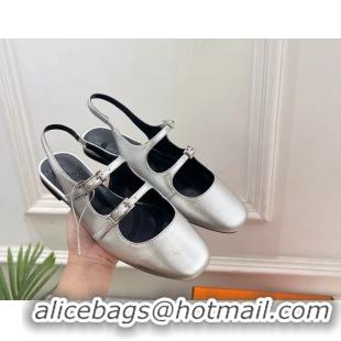 Buy Fashionable Hermes Mila Slingback Flats Silver Calfskin Leather 6052704