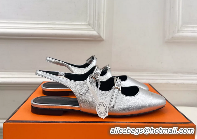 Buy Fashionable Hermes Mila Slingback Flats Silver Calfskin Leather 6052704