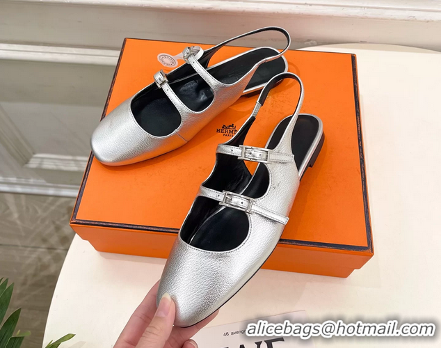Buy Fashionable Hermes Mila Slingback Flats Silver Calfskin Leather 6052704