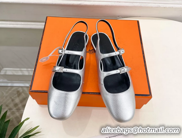 Buy Fashionable Hermes Mila Slingback Flats Silver Calfskin Leather 6052704