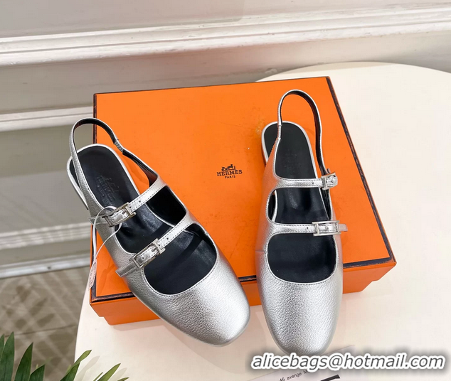Buy Fashionable Hermes Mila Slingback Flats Silver Calfskin Leather 6052704