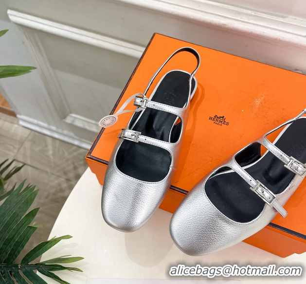 Buy Fashionable Hermes Mila Slingback Flats Silver Calfskin Leather 6052704