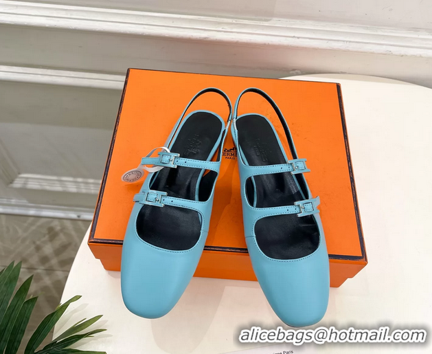 Unique Discount Hermes Mila Slingback Flats Light Blue Calfskin Leather 6052704