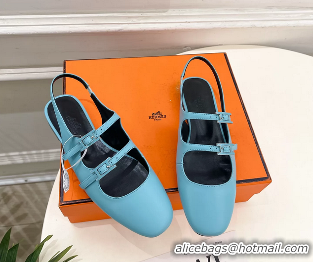 Unique Discount Hermes Mila Slingback Flats Light Blue Calfskin Leather 6052704