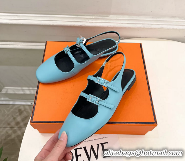Unique Discount Hermes Mila Slingback Flats Light Blue Calfskin Leather 6052704