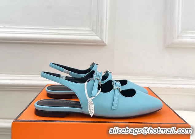 Unique Discount Hermes Mila Slingback Flats Light Blue Calfskin Leather 6052704