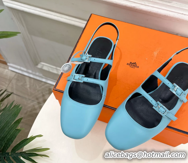 Unique Discount Hermes Mila Slingback Flats Light Blue Calfskin Leather 6052704