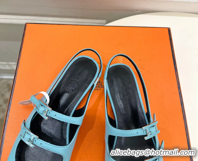 Unique Discount Hermes Mila Slingback Flats Light Blue Calfskin Leather 6052704