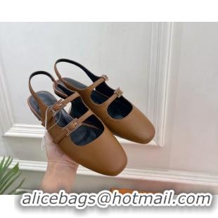 Comfortable Hermes Mila Slingback Flats Brown Calfskin Leather 6052704