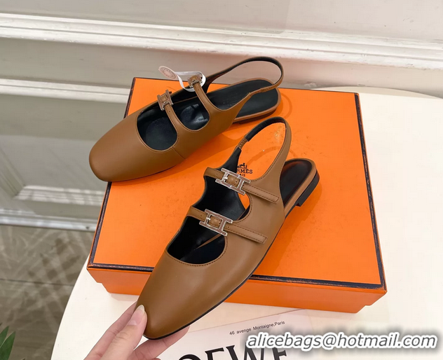 Comfortable Hermes Mila Slingback Flats Brown Calfskin Leather 6052704