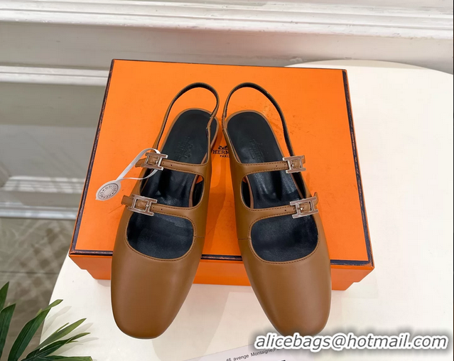 Comfortable Hermes Mila Slingback Flats Brown Calfskin Leather 6052704