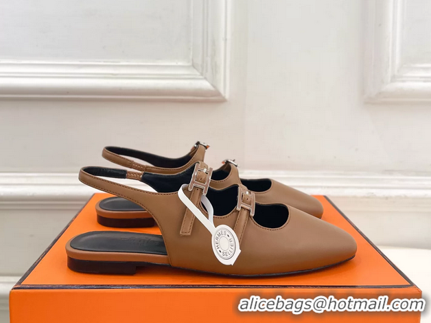 Comfortable Hermes Mila Slingback Flats Brown Calfskin Leather 6052704