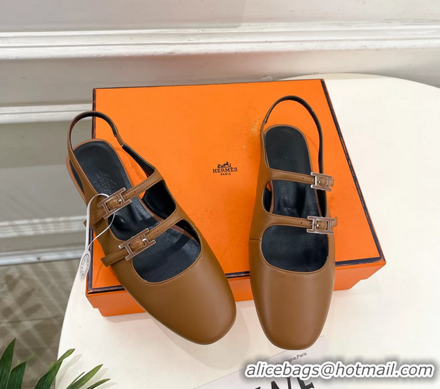 Comfortable Hermes Mila Slingback Flats Brown Calfskin Leather 6052704