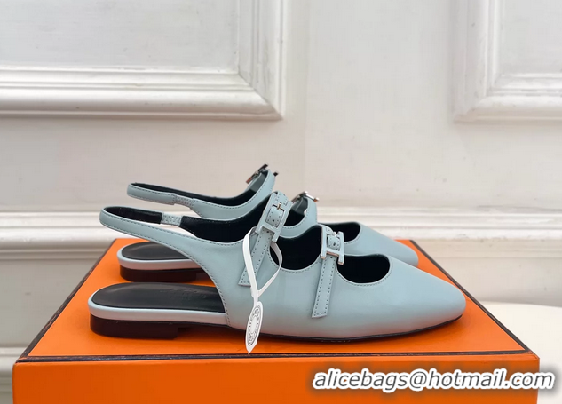 Buy Fashionable Hermes Mila Slingback Flats Light Blue Calfskin Leather 6052704