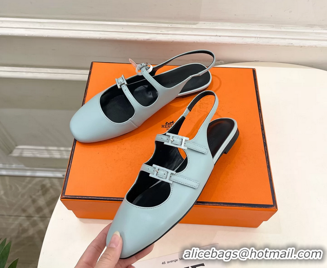 Buy Fashionable Hermes Mila Slingback Flats Light Blue Calfskin Leather 6052704