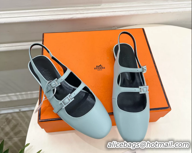 Buy Fashionable Hermes Mila Slingback Flats Light Blue Calfskin Leather 6052704