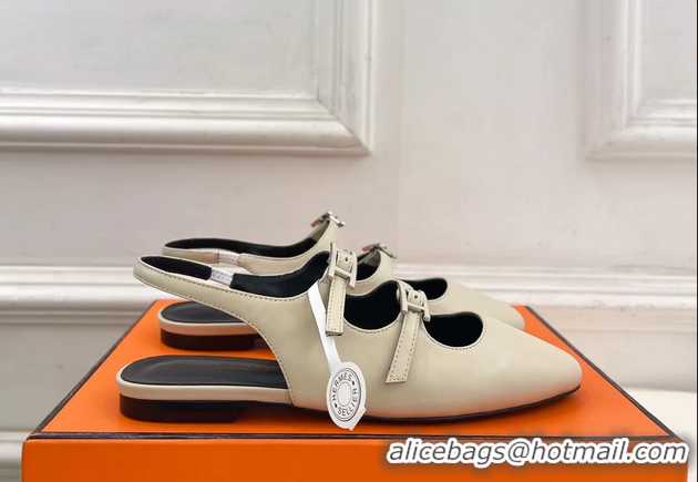 Leisure Hermes Mila Slingback Flats Light Beige Calfskin Leather 6052704