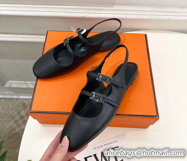 Unique Ladies Hermes Mila Slingback Flats Black Calfskin Leather 6052704