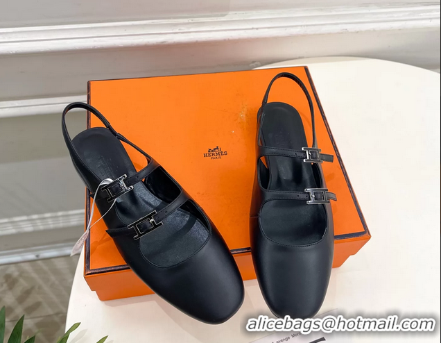 Unique Ladies Hermes Mila Slingback Flats Black Calfskin Leather 6052704