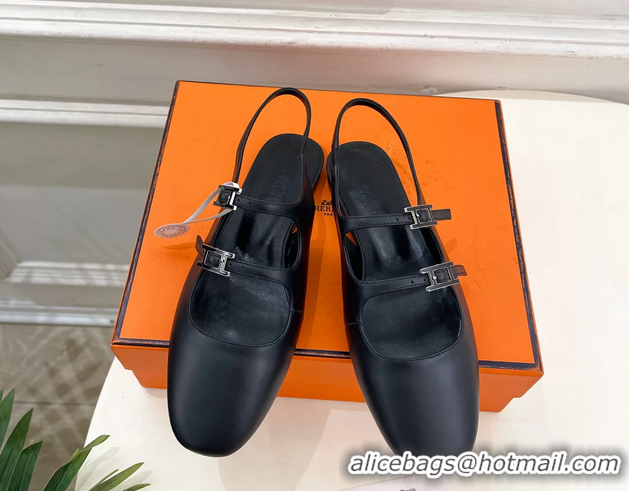 Unique Ladies Hermes Mila Slingback Flats Black Calfskin Leather 6052704