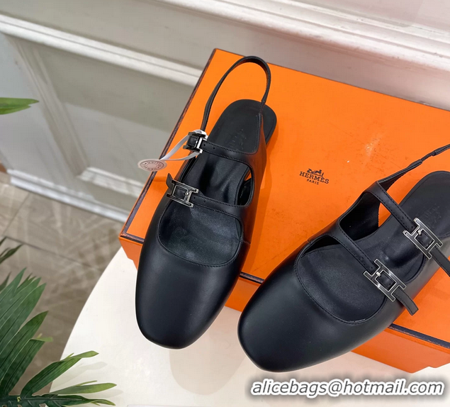 Unique Ladies Hermes Mila Slingback Flats Black Calfskin Leather 6052704
