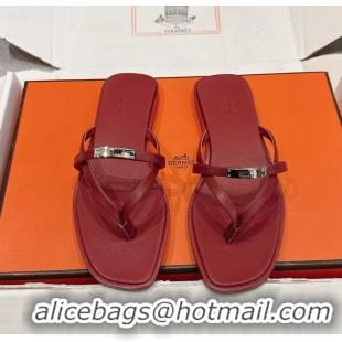 Well Crafted Hermes Miss Flat Thong Sandals with Kelly Buckle Red Calfskin Leather 6052705