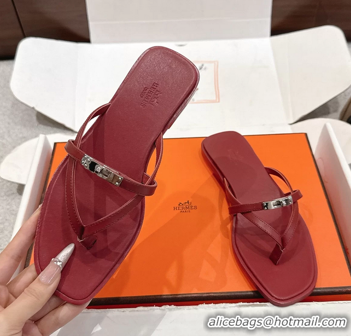 Well Crafted Hermes Miss Flat Thong Sandals with Kelly Buckle Red Calfskin Leather 6052705