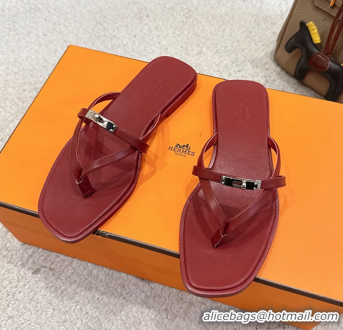 Well Crafted Hermes Miss Flat Thong Sandals with Kelly Buckle Red Calfskin Leather 6052705