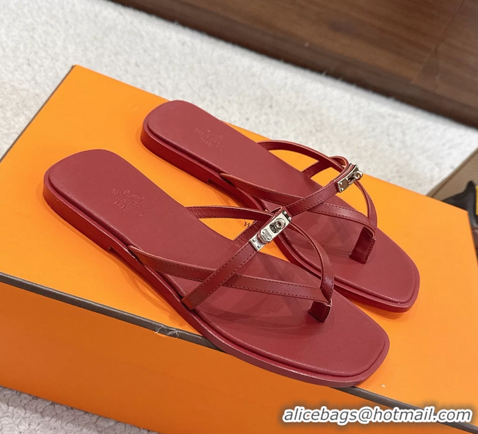 Well Crafted Hermes Miss Flat Thong Sandals with Kelly Buckle Red Calfskin Leather 6052705