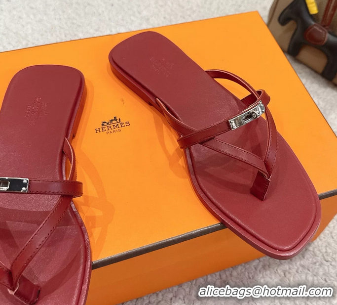 Well Crafted Hermes Miss Flat Thong Sandals with Kelly Buckle Red Calfskin Leather 6052705