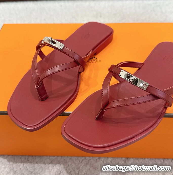 Well Crafted Hermes Miss Flat Thong Sandals with Kelly Buckle Red Calfskin Leather 6052705