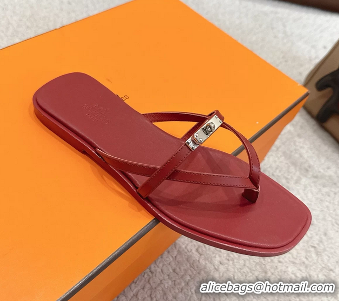Well Crafted Hermes Miss Flat Thong Sandals with Kelly Buckle Red Calfskin Leather 6052705