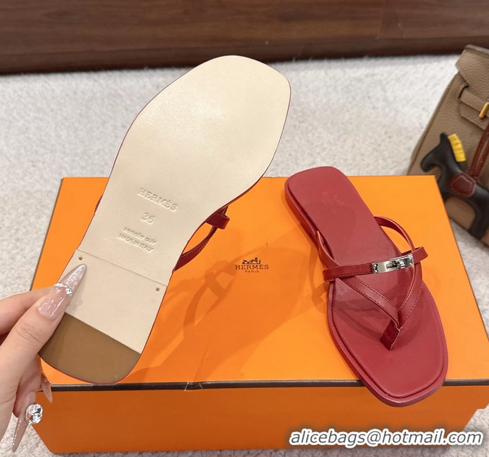 Well Crafted Hermes Miss Flat Thong Sandals with Kelly Buckle Red Calfskin Leather 6052705