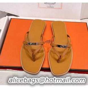 Big Enough Hermes Miss Flat Thong Sandals with Kelly Buckle Beige Calfskin Leather 6052705
