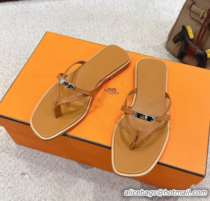 Big Enough Hermes Miss Flat Thong Sandals with Kelly Buckle Beige Calfskin Leather 6052705