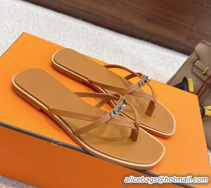 Big Enough Hermes Miss Flat Thong Sandals with Kelly Buckle Beige Calfskin Leather 6052705