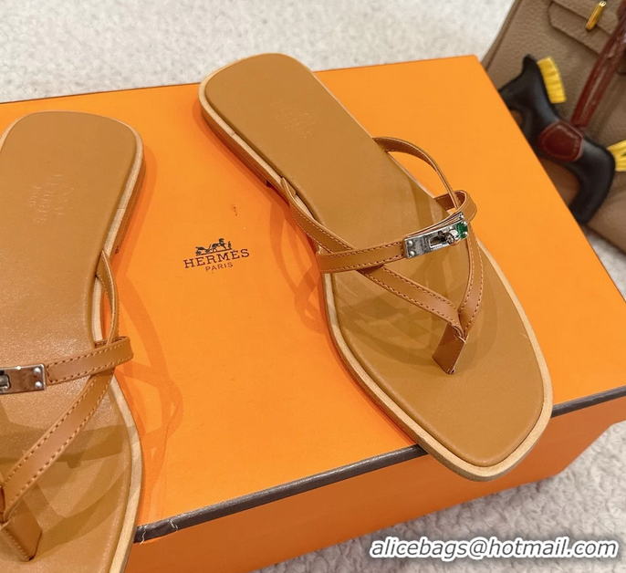 Big Enough Hermes Miss Flat Thong Sandals with Kelly Buckle Beige Calfskin Leather 6052705