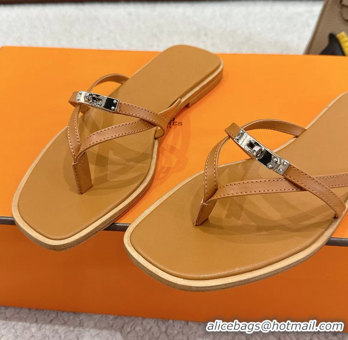 Big Enough Hermes Miss Flat Thong Sandals with Kelly Buckle Beige Calfskin Leather 6052705