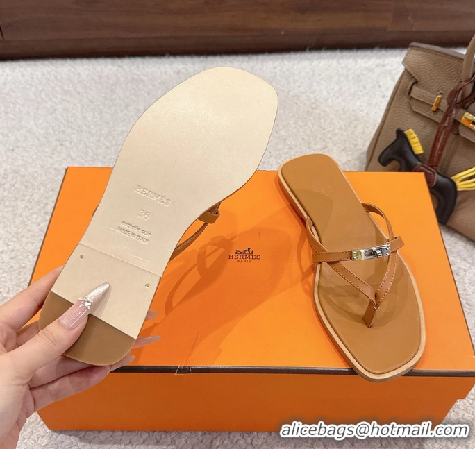Big Enough Hermes Miss Flat Thong Sandals with Kelly Buckle Beige Calfskin Leather 6052705