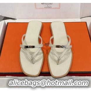 Best Hermes Miss Flat Thong Sandals with Kelly Buckle Off White Calfskin Leather 6052705