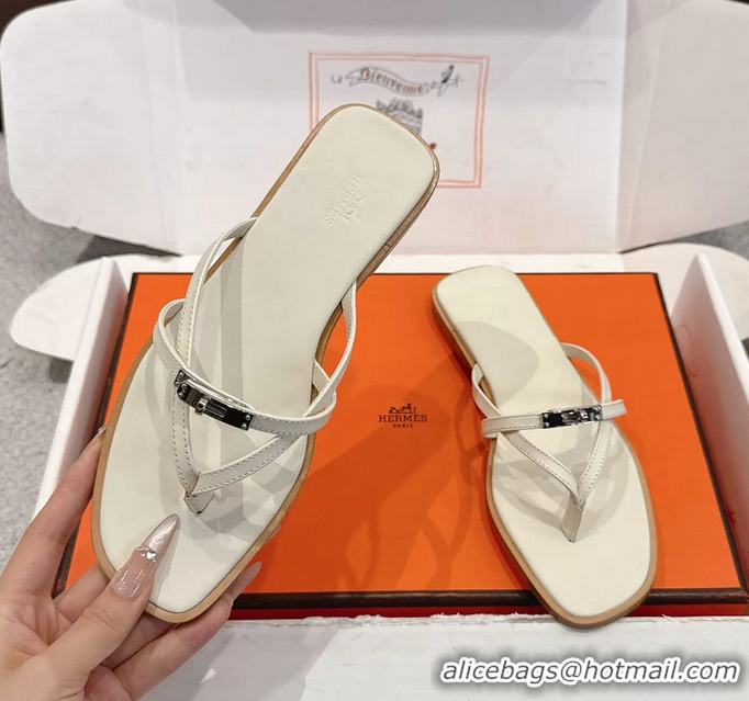 Best Hermes Miss Flat Thong Sandals with Kelly Buckle Off White Calfskin Leather 6052705