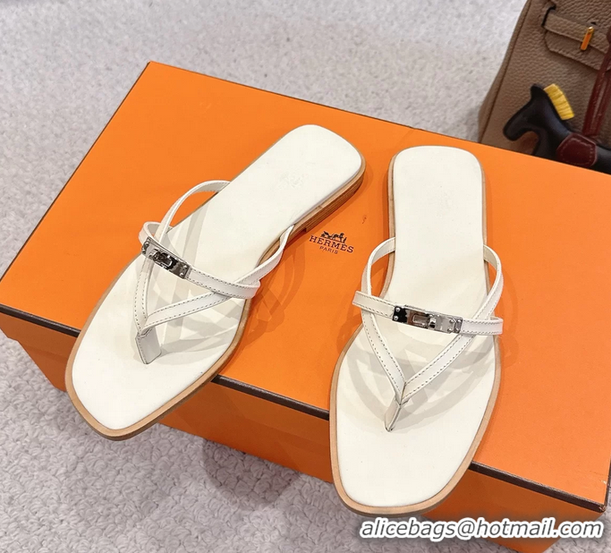 Best Hermes Miss Flat Thong Sandals with Kelly Buckle Off White Calfskin Leather 6052705