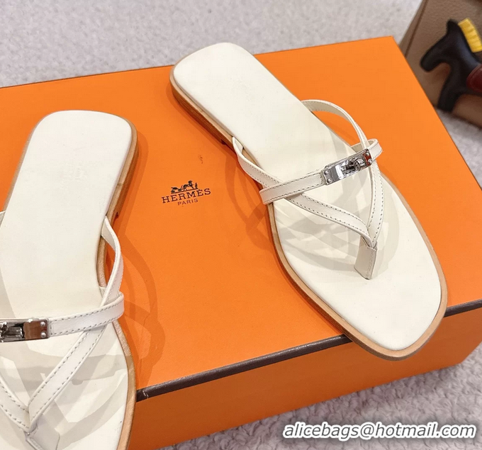 Best Hermes Miss Flat Thong Sandals with Kelly Buckle Off White Calfskin Leather 6052705