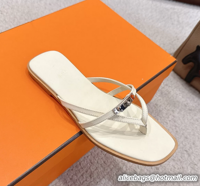 Best Hermes Miss Flat Thong Sandals with Kelly Buckle Off White Calfskin Leather 6052705